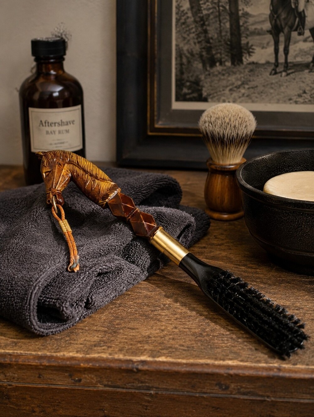 Vintage Black Bristle Men's Valet Boot Brush with Brown Horse Handle Mid-century